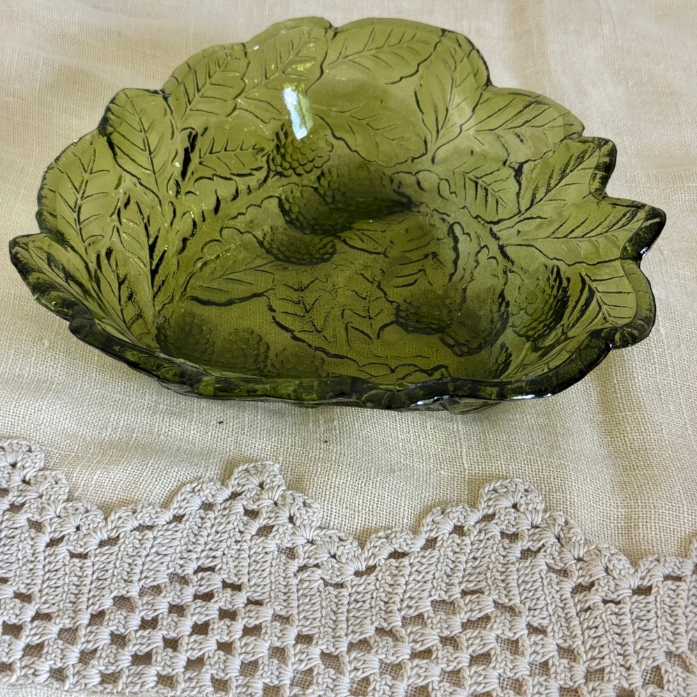 Vintage Green Glass Leaf Berry Embossed Serving Bowl Scalloped Edge 8 Inch